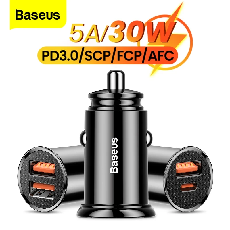Baseus Car Charger Quick Charge 4.0 3.0 QC4.0 QC3.0 SCP 5A USB Type C Fast Charger Charging For iPhone 12 Xiaomi Samsung Huawei