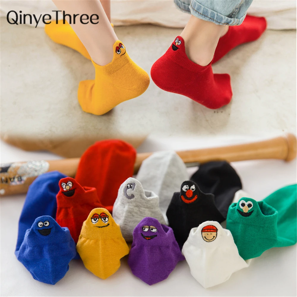 Kawaii Embroidered Expression Candy Color Woman Socks Happy Fashion Girls Ankle Funny Socks Women Cotton Summer Christmas Sox