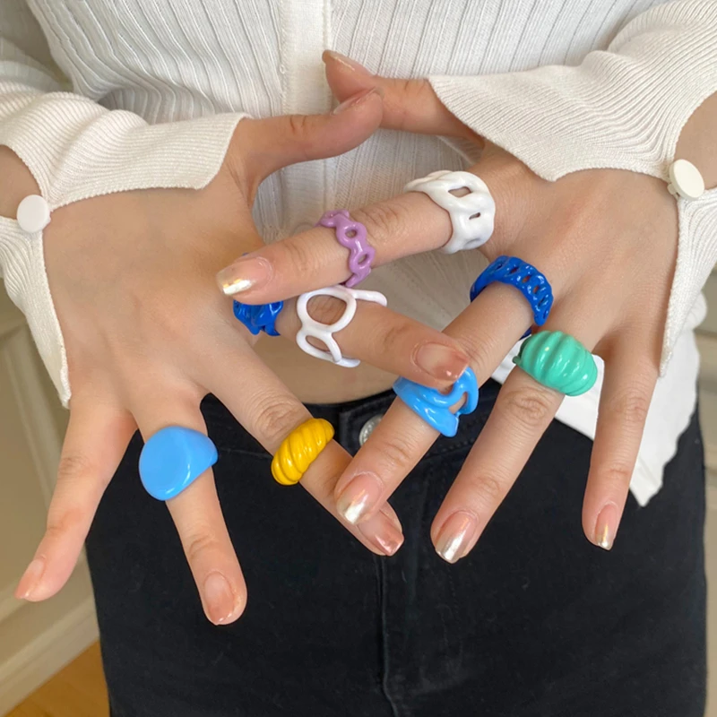 New Trendy Hand-painted Candy Color Dripping Oil Geometric Chain Rings for Women Multicolor Irregular Open Rings Jewelry