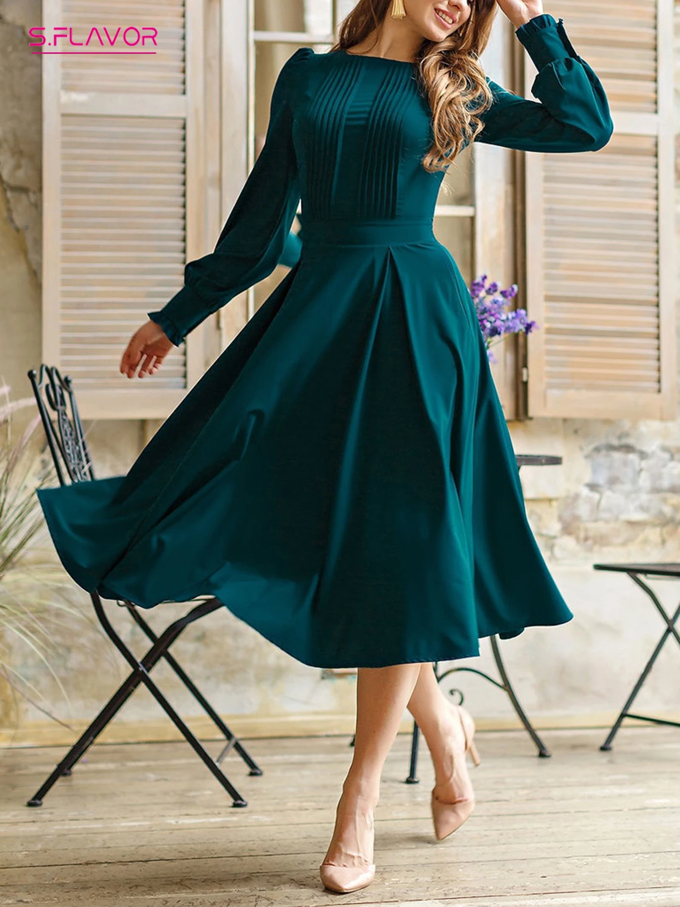 S.FLAVOR Women Vintage Solid Color Winter Dress Elegant Green Long Sleeve Pleated Midi Vestidos 2021 Autumn Casual Dresses