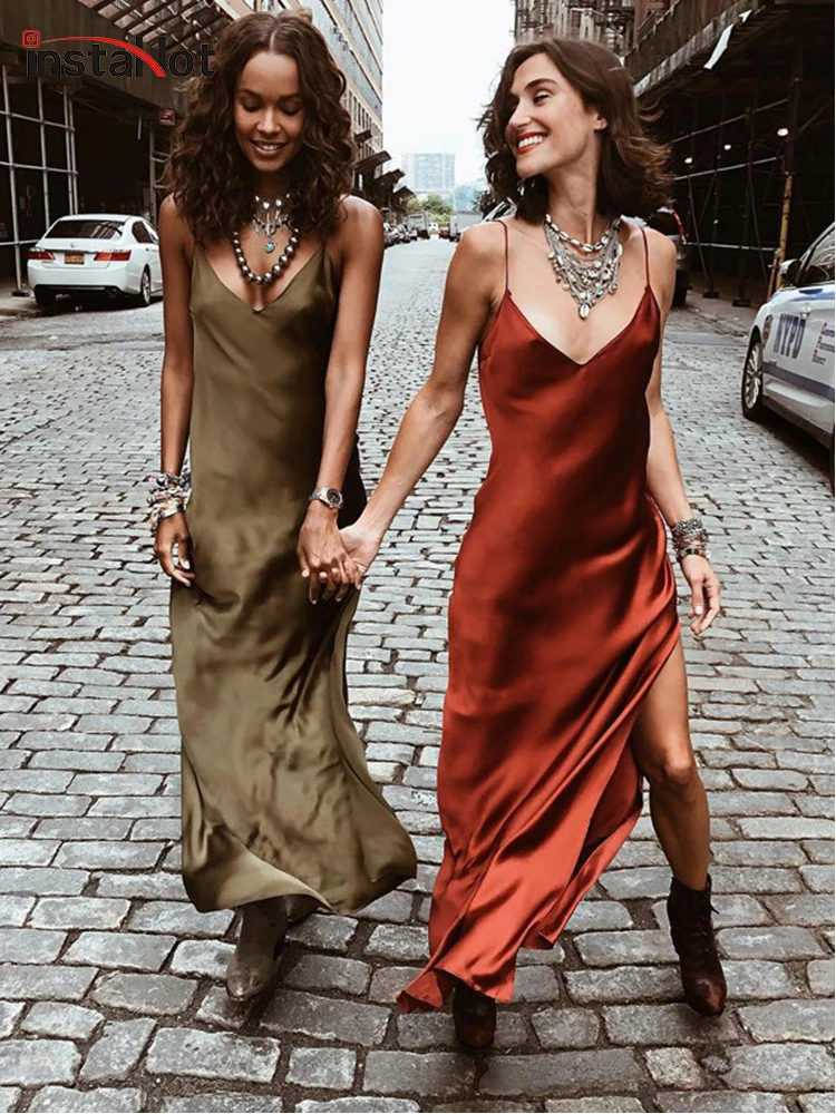 InstaHot Sexy Satin V Neck Maxi Dress Women Spaghetti Strap Sleeveless Backless Side Split Long Dresses 2019 Spring Lady Vestido