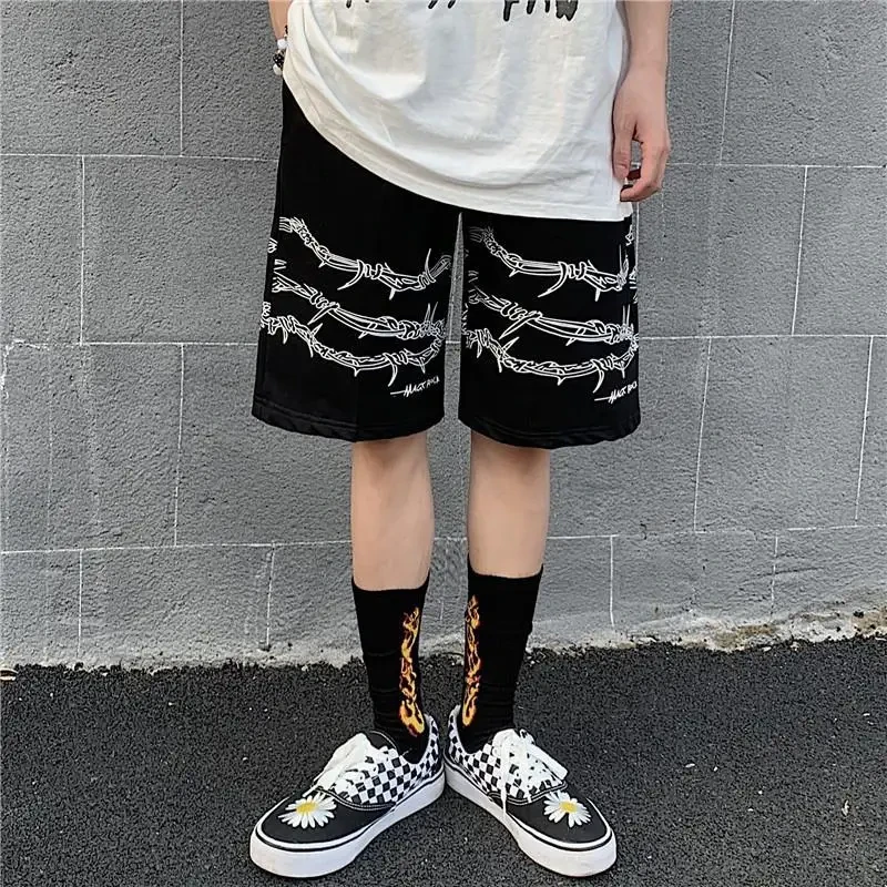 Harajuku men shorts streetwear iron chain pattern jogger shorts women men Summer loose elastic waist Hip hop skateboard shorts