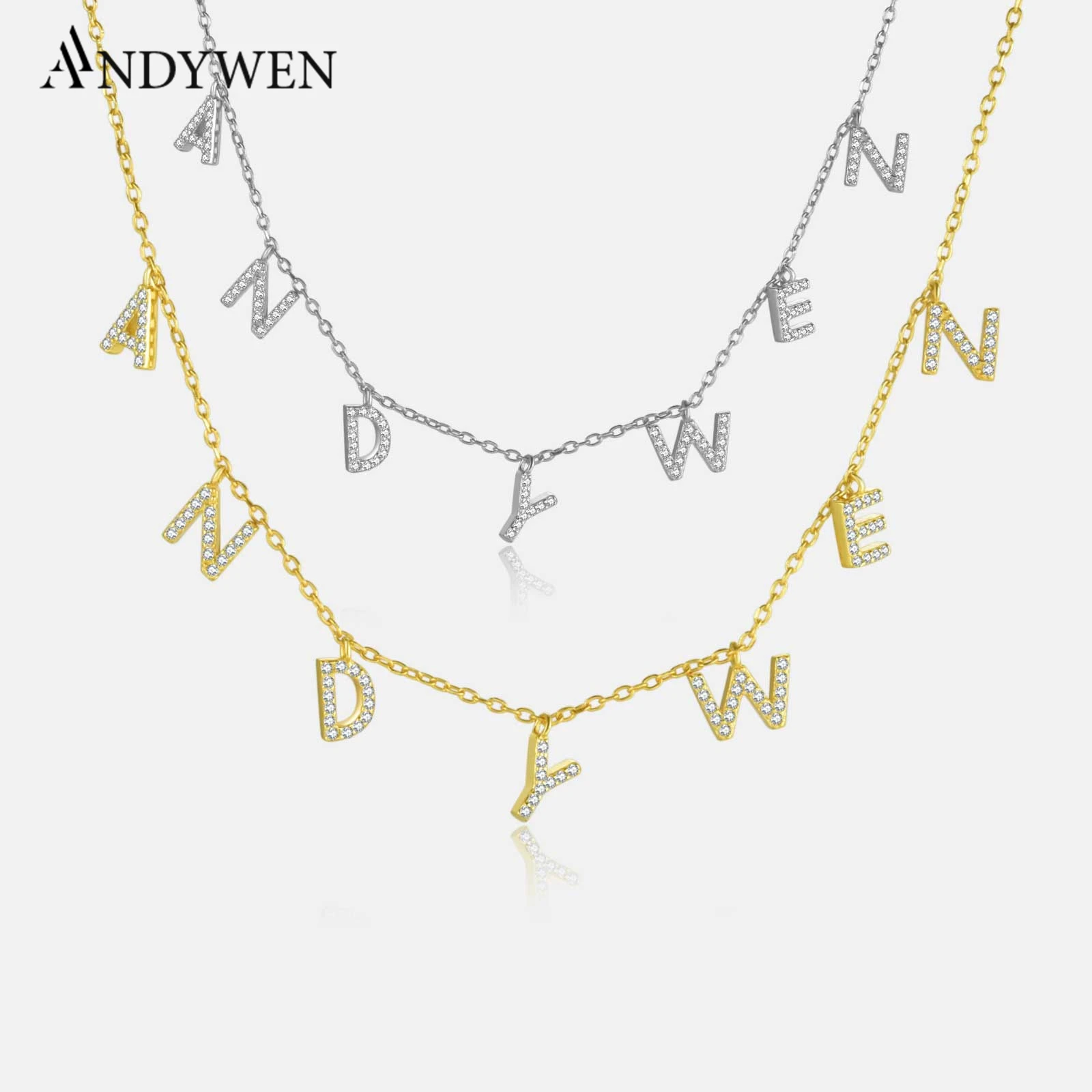 ANDYWEN 925 Sterling Silver Gold Personalized Name Pendant Necklace Alpahbet Birthday Gift Valentiens European Initial Jewelry