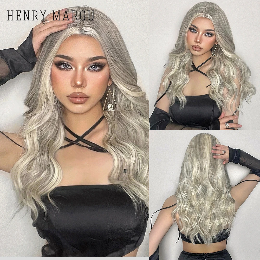 HENRY MARGU Mix Blonde White Gray Wavy Wigs Long Middle Part Costume Cosplay Party Synthetic Wigs for Women Afro Heat Resistant