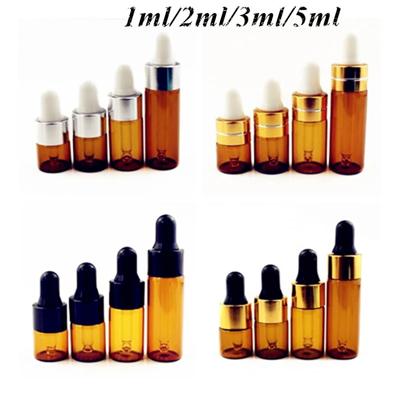 50pcs/lot 1ml 2ml 3ml 5ml Amber Glass Dropper Bottle Essential Oil Display Vials Small Serum Perfume Brown Sample Test Bottle