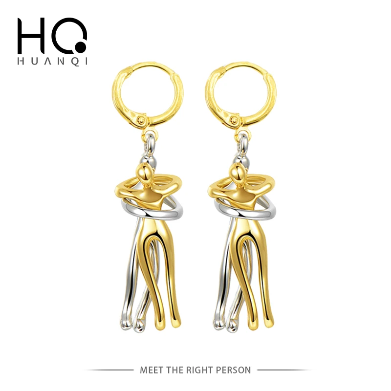 HUANZHI 2020 New Human Dancing Body Art Irregular Geometric Water Drop Wood Metal Chain Gold Silver Double Hit Color Earrings