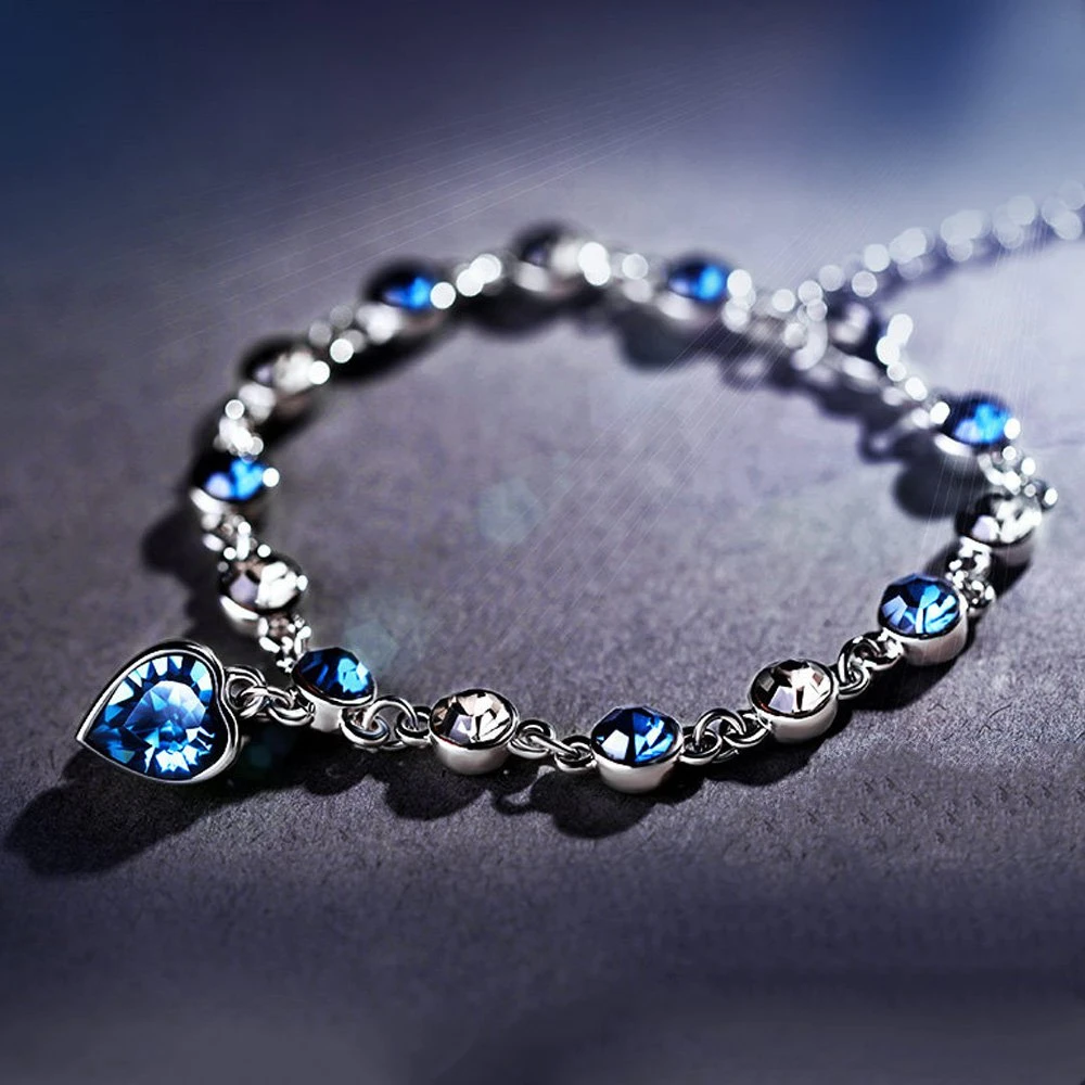 Shiny Blue Rhinestone Ocean Heart Bracelet Glitter Crystal Adjustable Metal Chain Women Fashion Elegant Wrist Chain Jewelry Gift