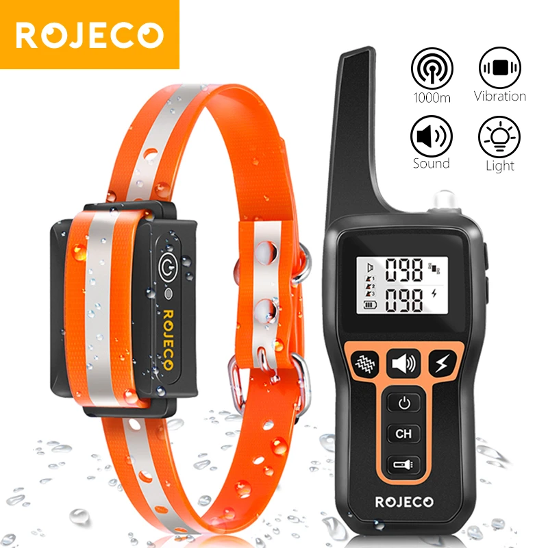 ROJECO 1000m Electric Dog Training Collar Light Waterproof Rechargeable Pet Anti Bark Control Collar For Dogs Electric Shocker