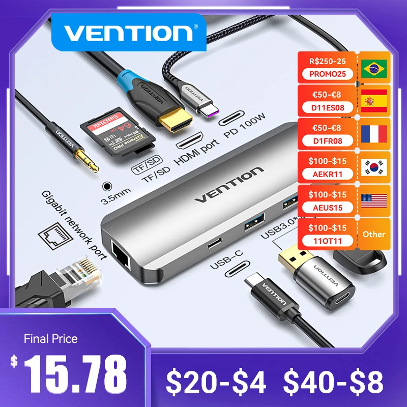 Vention USB C Hub USB C to HDMI 4K VGA PD RJ45 3.5mm USB 3.0 Dock for MacBook Pro Accessories USB-C Type C 3.1 Splitter USB HUB