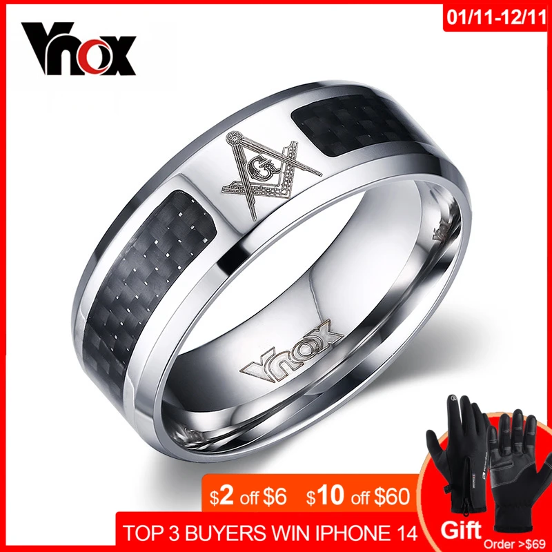 Vnox Masonic Men Ring Stainless Steel & Carbon Fiber 8mm Punk Male Jewelry US size 4 5 6 7 8 9 10 11 12