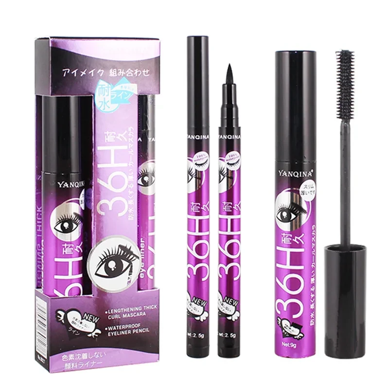 36H Black Waterproof Liquid Mascara 4D Fiber Lashes Curling Thick Lengthening Black Mascara Volume Eyelashes Korea Makeup Set