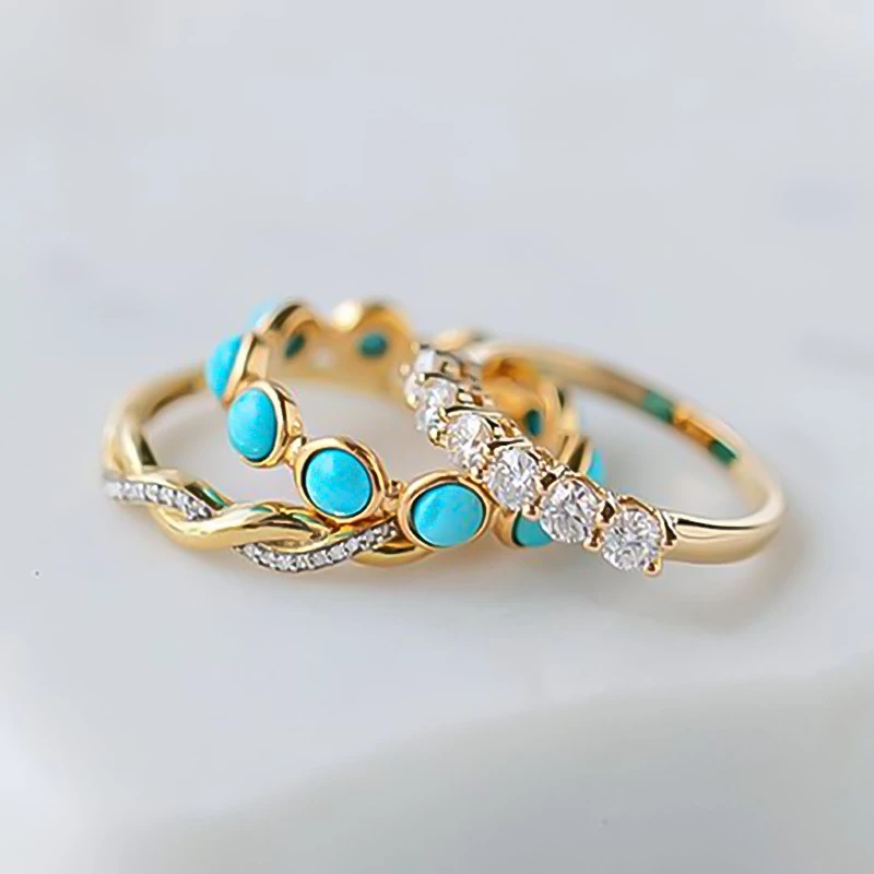 3Pcs/Set Vintage Bohemia Gold Blue Turquoises Knuckle Rings Set for Women Geometric Midi Finger Ring Boho Wedding Jewelry