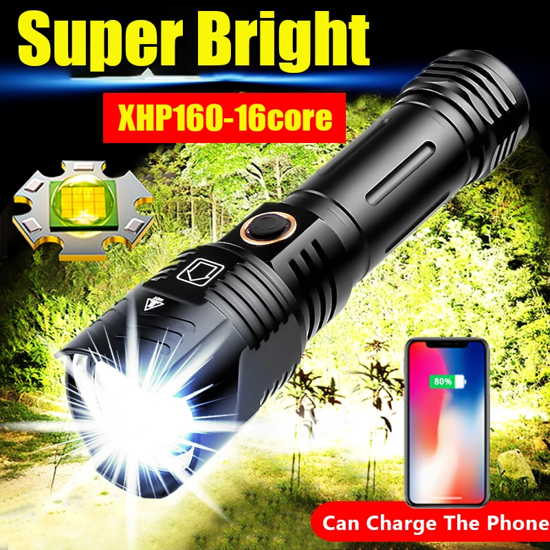 XHP199.9 Powerful LED Flashlight 5000mAH USB Rechargeable Portable Zoom Torch IPX65 Waterproof Tactical Flash Lamp Head Lantern