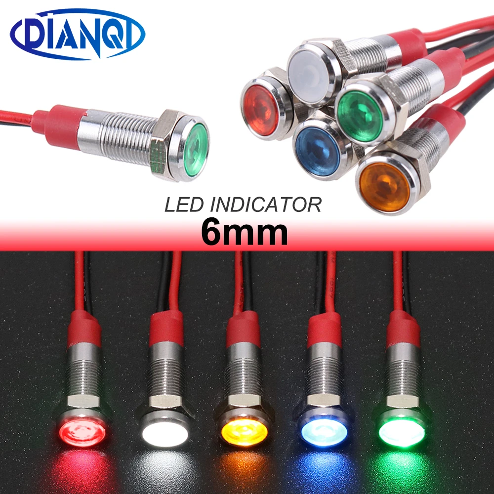 1PC 6mm Warning LED Metal Indicator light Pilot waterproof IP67 Signal lamp 6V 12V 24V 220v with wire red yellow blue green