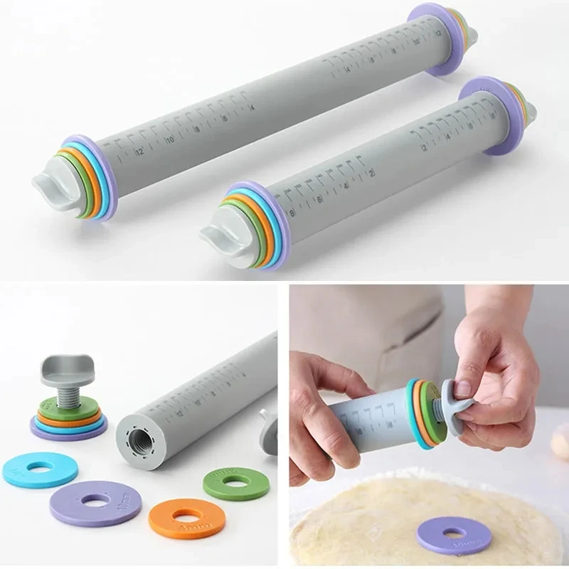 Multifunctional Fondant Cake Pastry Thickness Adjustable Rolling Pins Easy Clean Silicone Rolling Pin Decorating Bakeware Tools