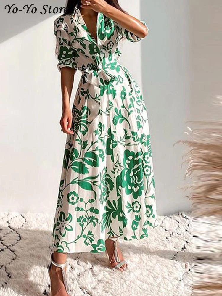 Za Fashion Floral Printing Women's Dress 2021 Summer Lapel Seven Points Sleeve Casual Chic Loose Female Clothing Robe Dresses