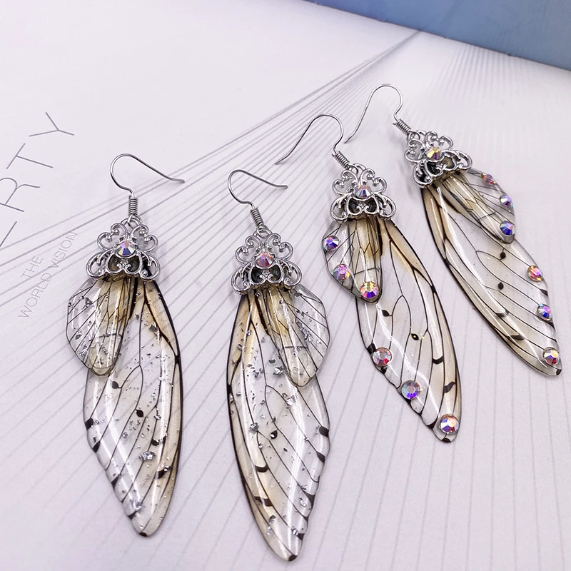 Handmade Fairy Clear Resin Simulation Wing Earrings Foil Rhinestones Butterfly Drop Earrings Romantic Wedding Bridal Jewelry