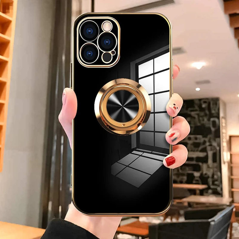 Luxury Plating Magnetic Case For iPhone 13 12 11 Pro Max XS XR 7 8 Plus iPhone11 Soft Silicon Shell Cover With Ring Holder Stand