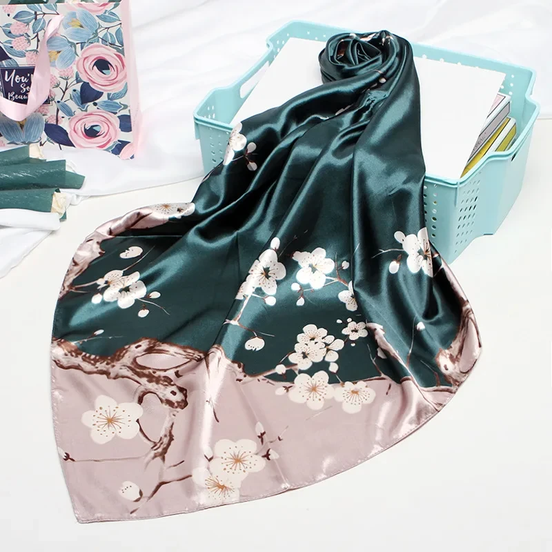 Fashion Silk Satin Women Hair Scarf Floral Print Handkerchief Shawls and Wraps Hijab Scarfs Female 90*90cm Neck Scarves For Lady