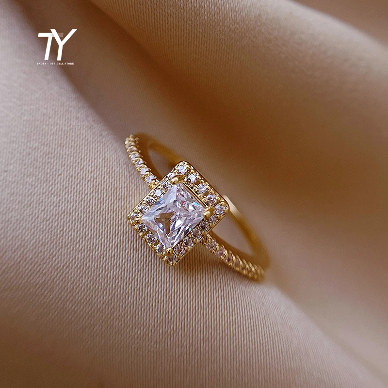 Exquisite Simple Square Zircon Gold Opening Rings For Woman 2021 Salary Gothic Jewelry Wedding Party Girls' Luxury Student Ring