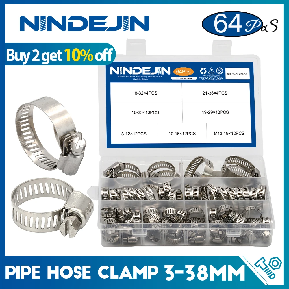 64pcs hose clamp adjustable 8-38mm worm gear hose clip set fuel hose clamp for water pipe plumbing automotive mechanical
