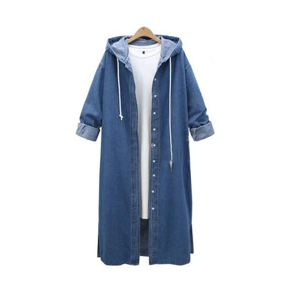 Solid Color Lace Up Hooded Trench Womens Loose Denim Coat Spring Autumn Fashion Long High Street Style Cardigan Trench 002