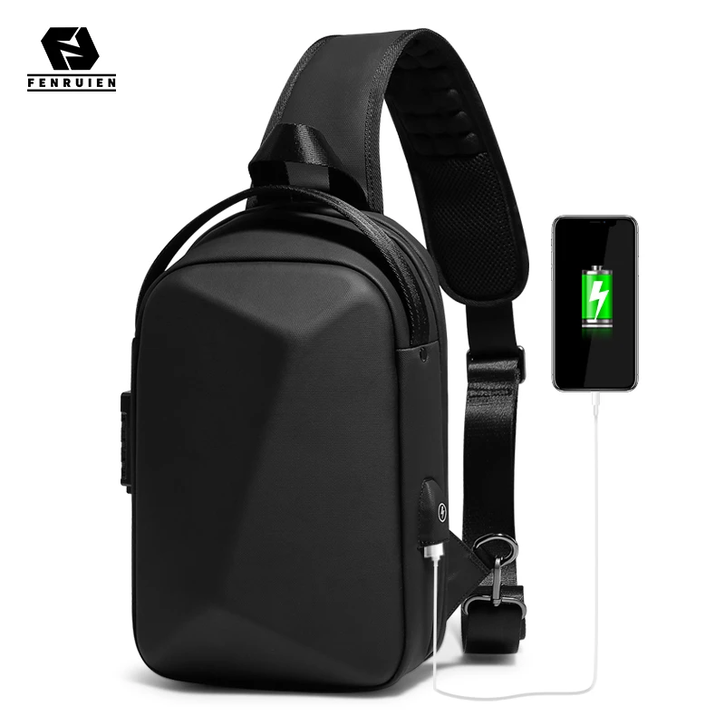 Fenruien Men's Bag Shoulder Bag Multifunction Anti-theft Waterproof Male Crossbody Bag Casual Short Trip Chest Pack USB Charging