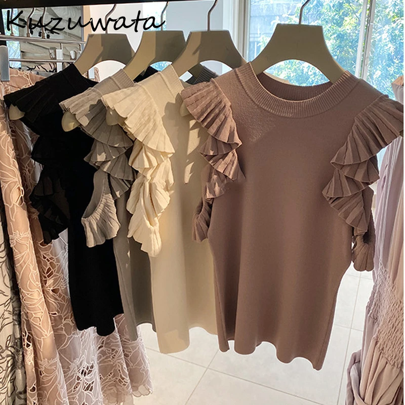 Kuzuwata Japanese Sweet Shirts Knitting Solid Off Shoulder Ruffles Folds Blouses 2021 Spring Autumn Temperament Women Tops