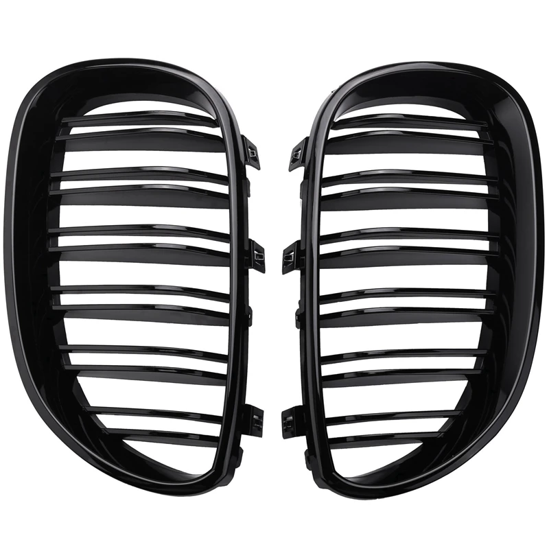 1 Pair Gloss Black Front Kidney Grill Double Slat Double Line Grille for BMW E60 E61 5 Series 2003-2010 Car Accessories Coupe