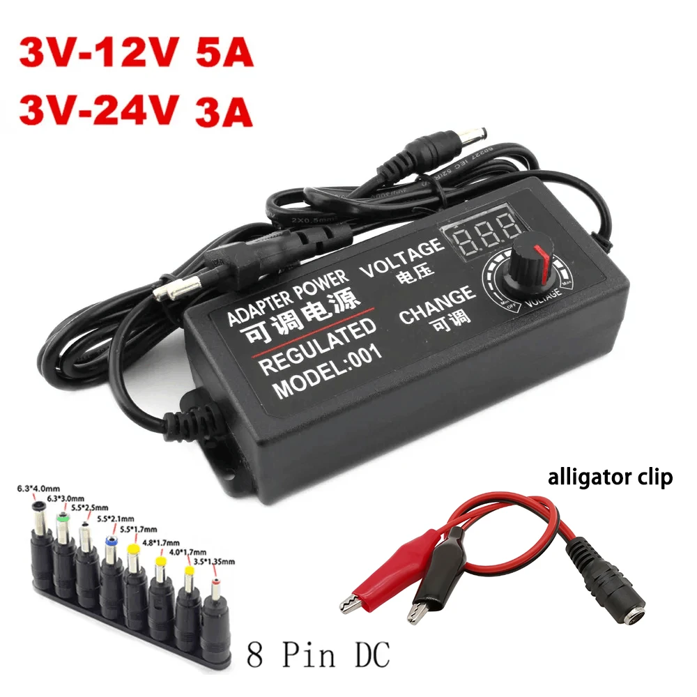 Adjustable AC To DC Power Supply 3V 5V 6V 9V 12V 15V 18V 24V 1A 2A 5A Power Supply Universal 8 Pin DC 48W 60W 72W Adapter