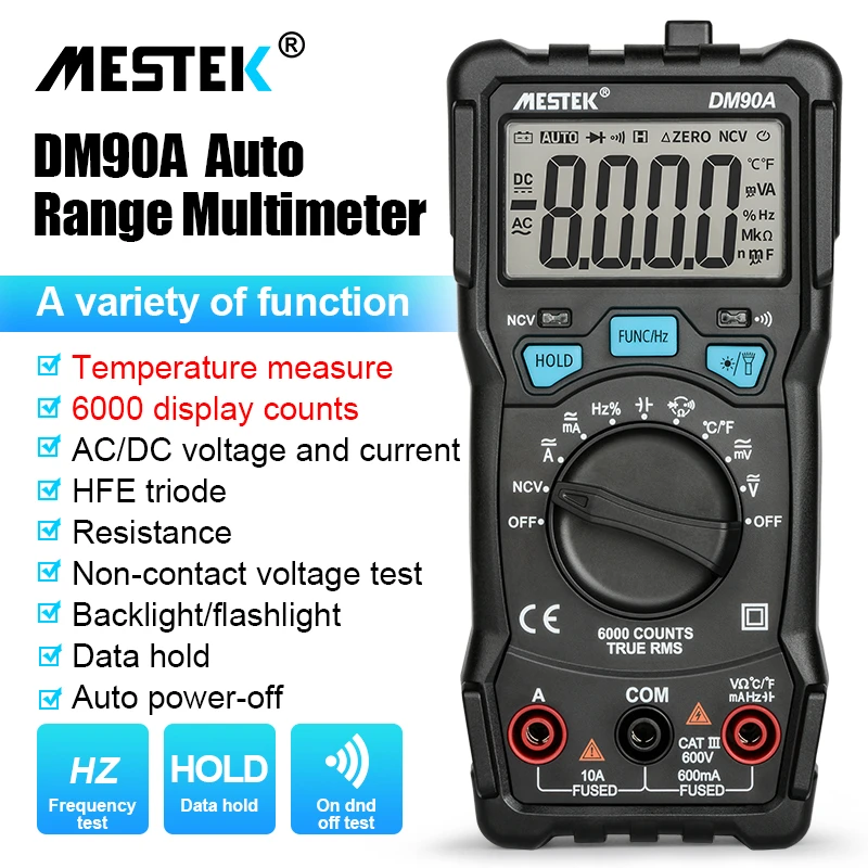 Mestek  Auto Range Digital Multimeter 1999 counts Backlight AC/DC Ammeter Voltmeter Ohm Handled multitester multi meter DM90E