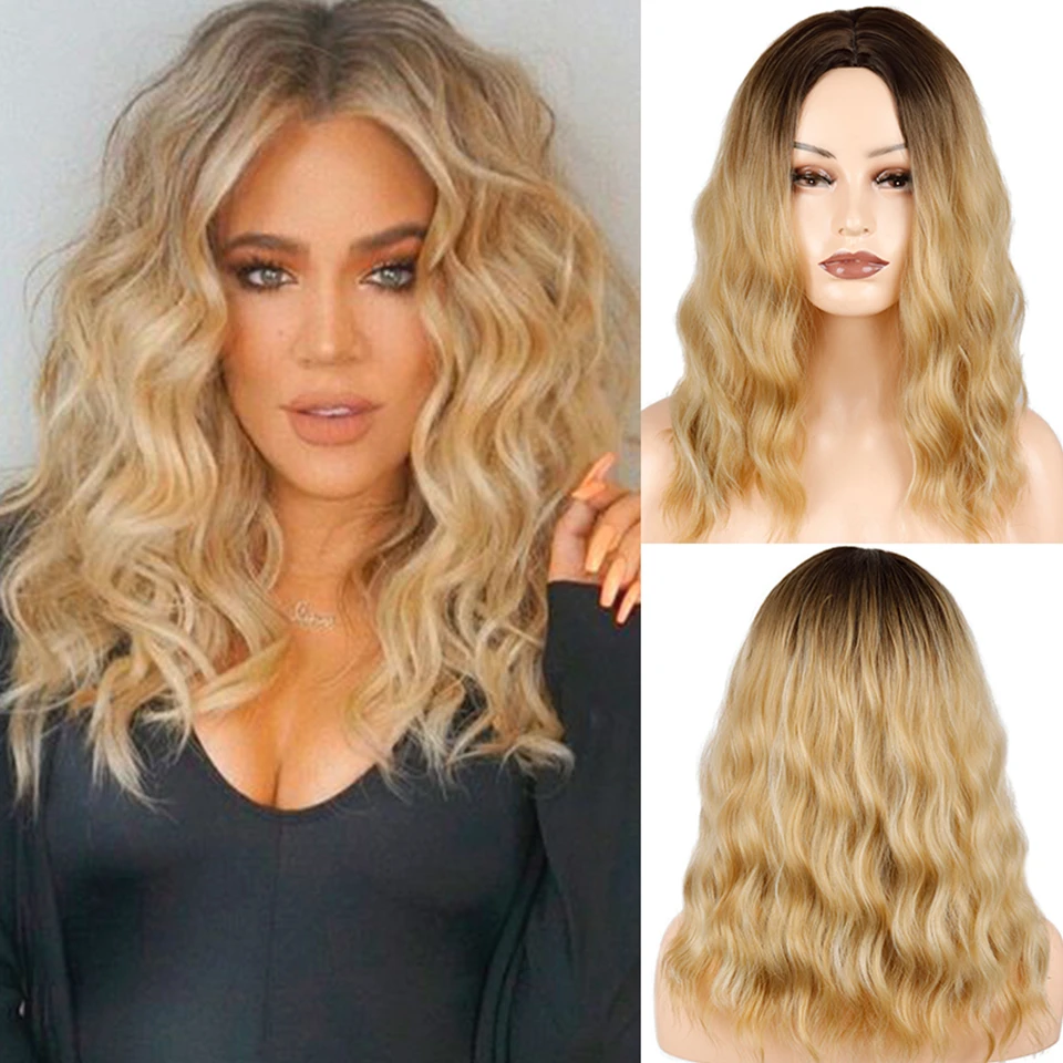 Women's Fashion Medium Long Wavy Blond Wig Ombre Blond Brown Synthetic Heat-resistant Fiber Wig for Women