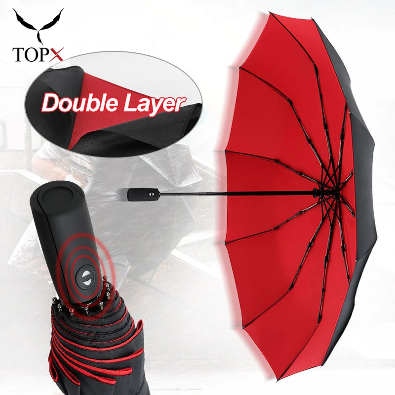 Double Layer Automatic Umbrella Rain Women 3 Fold Strong Windproof Female Male 10K Large Parasol Men Business Umbrellas Parasol