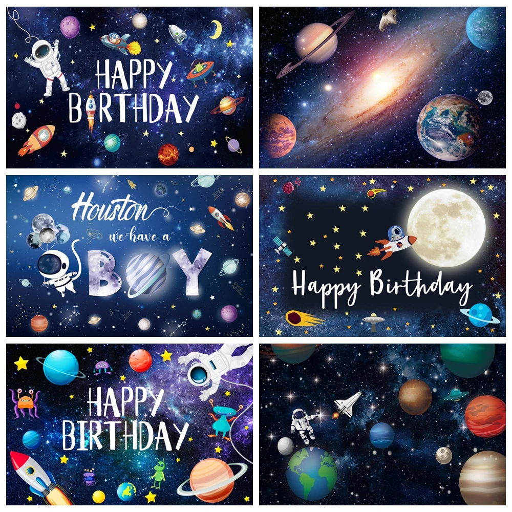 Universe Space Planet Spacecraft Astronaut Backdrop Baby Boy Birthday Party Starry Sky Photography Background Photozone Banner