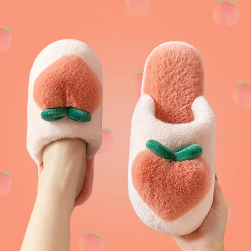 Slippers for Home Peach Chinelos Women's Flip-Flops Cartoon Fur Winter Warm Non-Slip Floor Kawaii Shoes