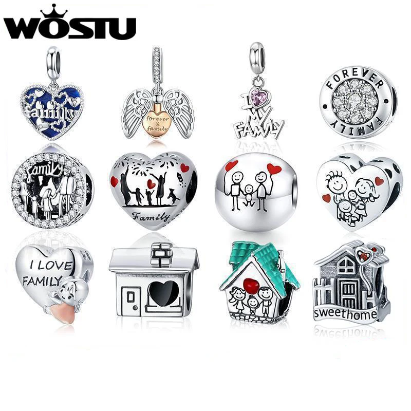 WOSTU Forever Family Charm 925 Sterling Silver Home House Enamel Beads Pendant Fit Original Bracelet DIY Jewelry For Women