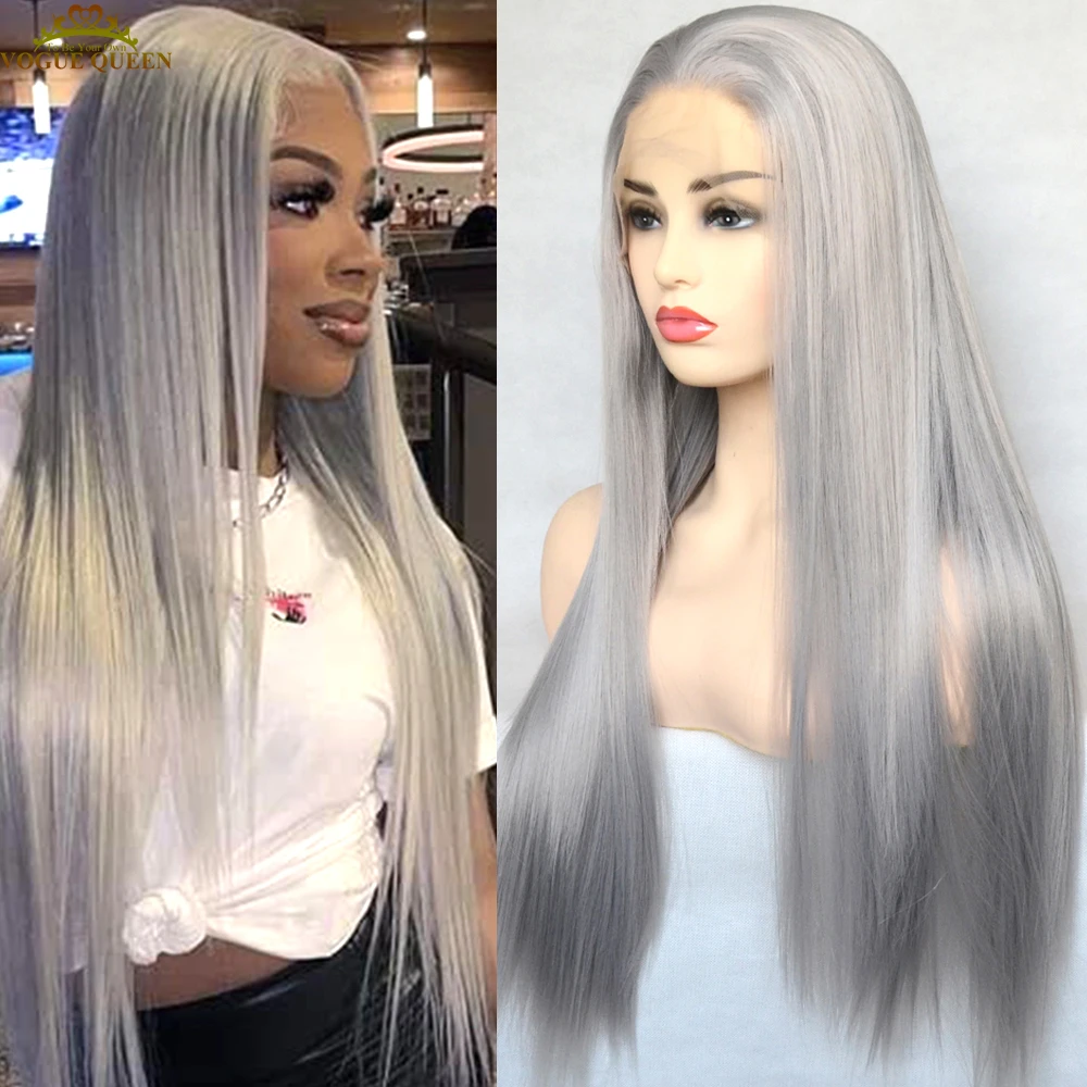Vogue Queen Sliver Grey Synthetic Lace Front Wig  Long Straight High Temperature Fiber Daily Wear For Women