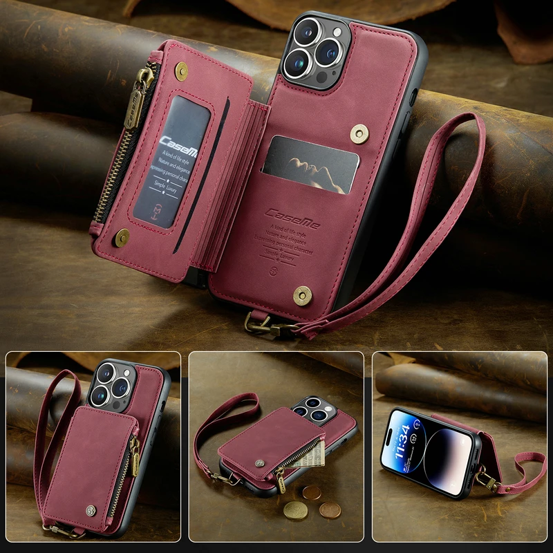 For iphone 13 12 11 Pro XS Max XR 7Plus Leather Flip Phone Case For Redmi Note 8 9 pro With RFID Zipper Credit Card Wallet Cover