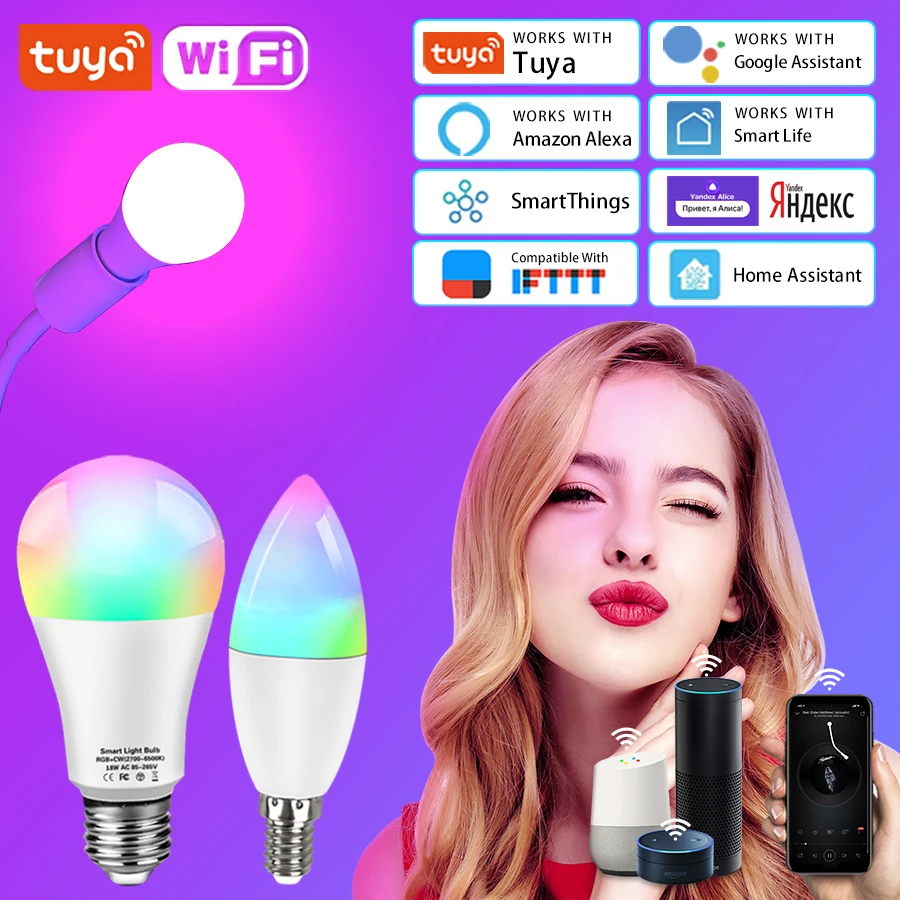 15W TUYA Smart wifi Lamp B22 E14 RGB LED Light Bulb E27 alexa Lamp Google Home 85-265V CW WW Dimmable Magic Bulbs Voice Control