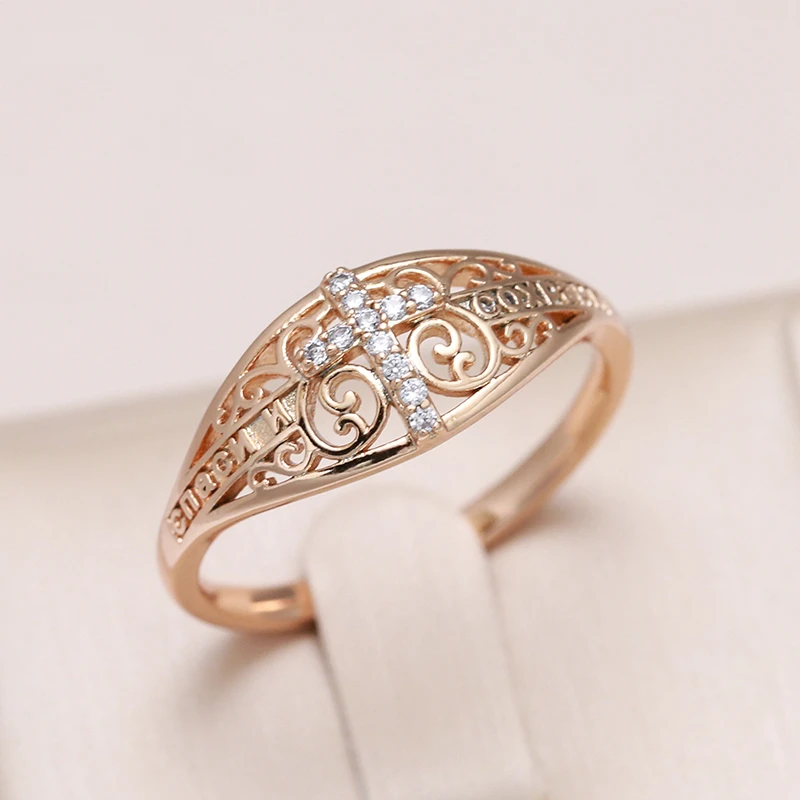 Kinel Hot 585 Rose Gold Cross Ring Micro-wax Inlay Natural Zircon Hollow Flower Rings Women Fine Faith Jewelry