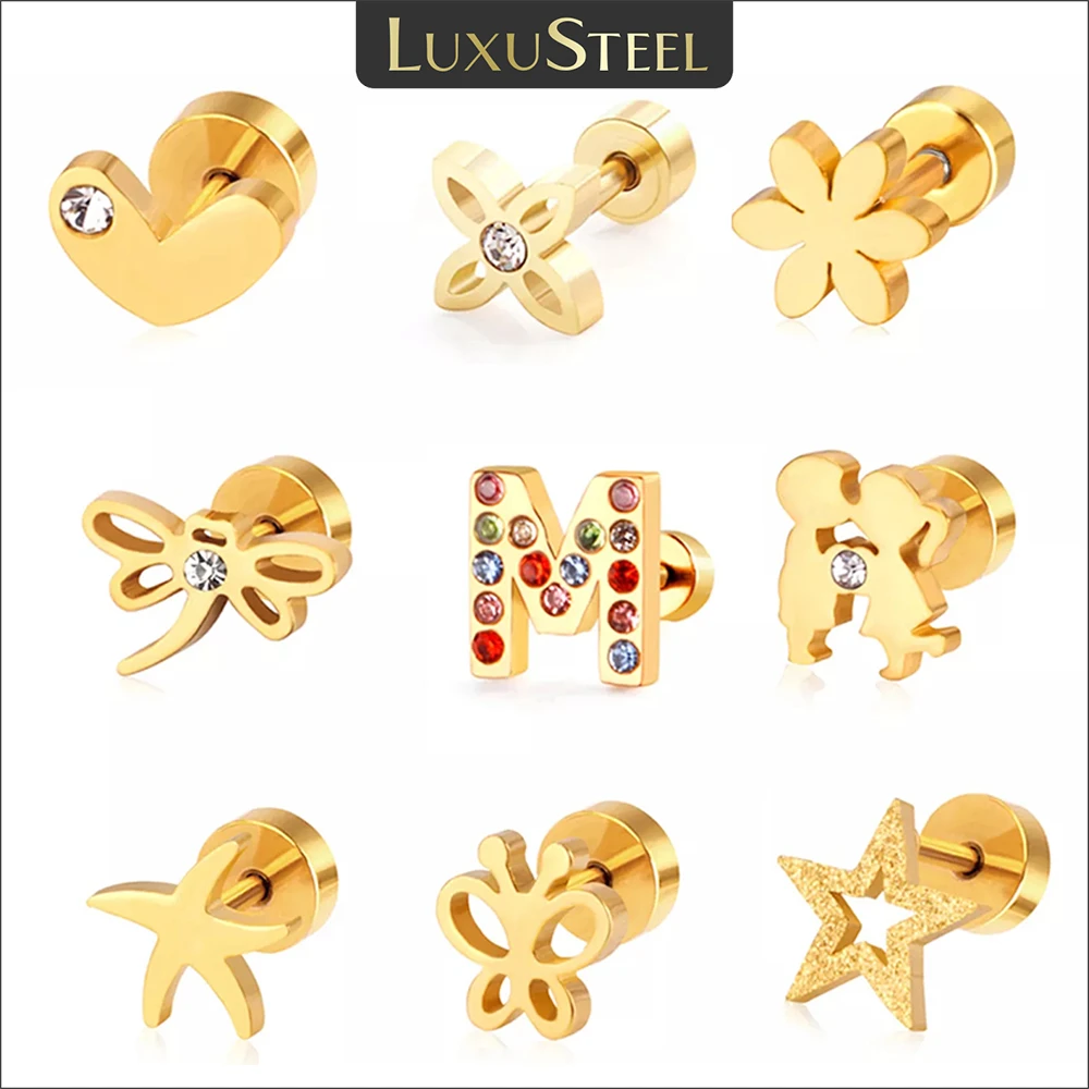 LUXUSTEEL Stainless Steel Flower Earrings Brinco Pendientes  Mujer Gold Color Cute Screw Stud Earrings Fashion Jewelry Party