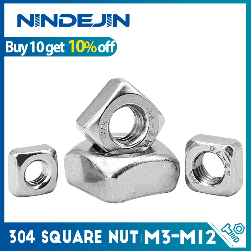 NINDEJIN 5-50pcs A2 Stainless Steel M3 M4 M5 M6 M8 M10 Square Nuts Din557