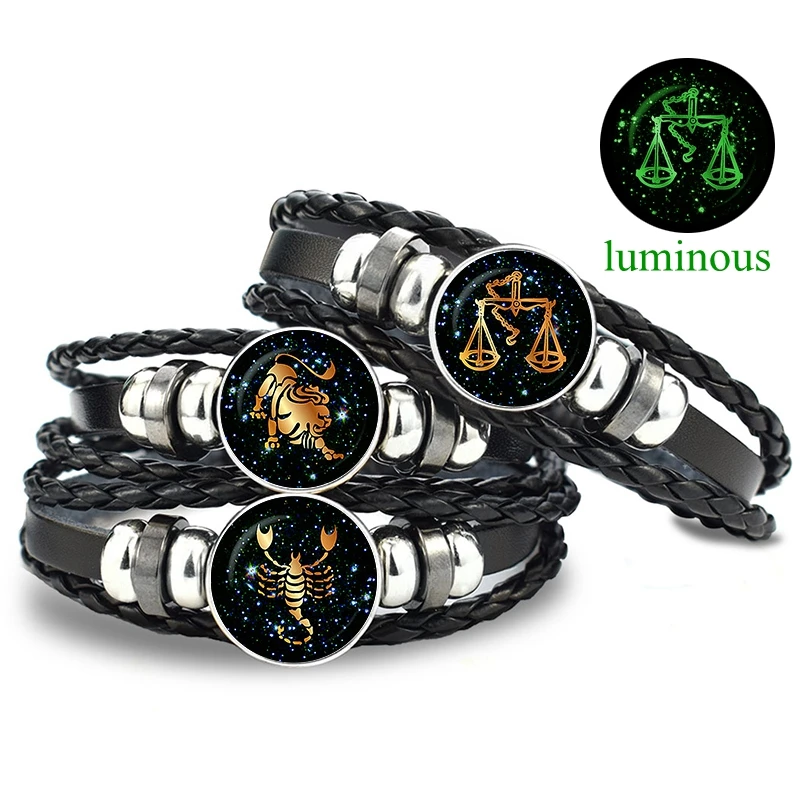 Luminous 12 Constellation Zodiac Leather Bracelet for Men Women Braided Rope Bracelets Birthday Gift Glow In The Dark Bracelet