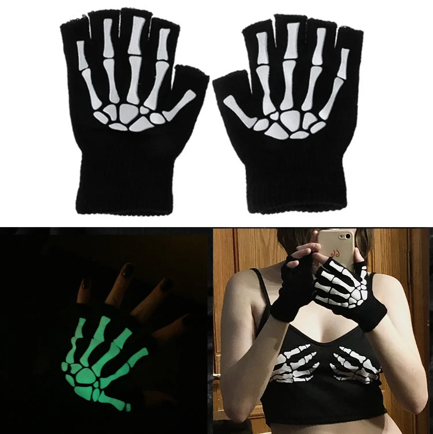 Warm Knitting Gloves For Adult Solid Acrylic Half Finger Glove Human Skeleton Head Gripper Print Cycling Non-slip Wrist Gloves