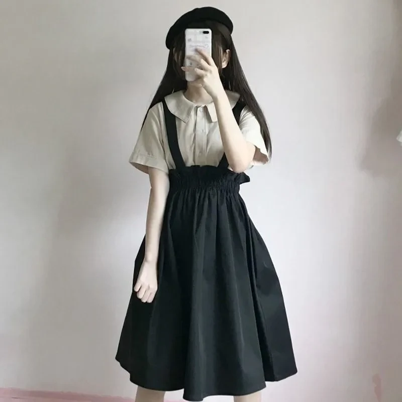 2021 New Spring Autumn Women Skirt Casual Sweet A-line Long skirts Solid Simplicity Strap skirt female Japan style