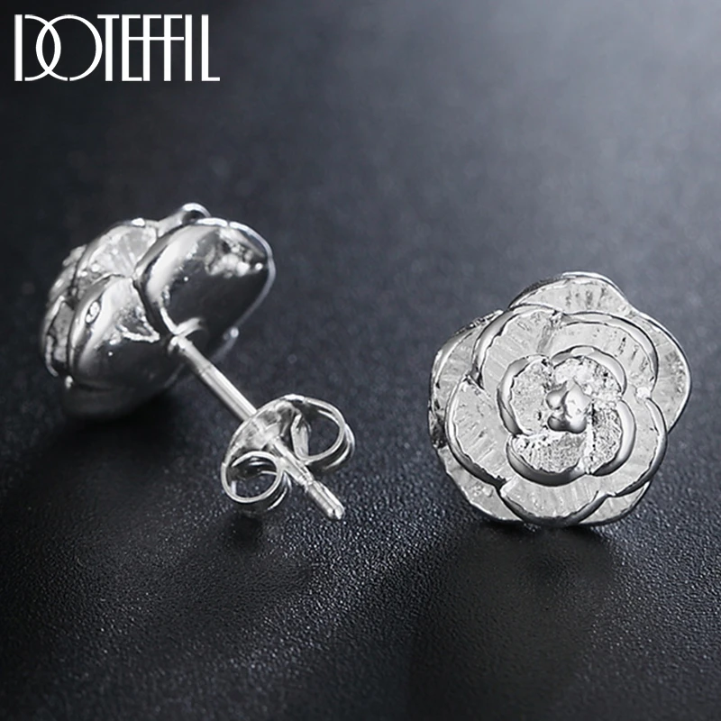 DOTEFFIL 925 Silver Rose Flowers Stud Earrings For Woman Fashion Wedding Engagement Jewelry