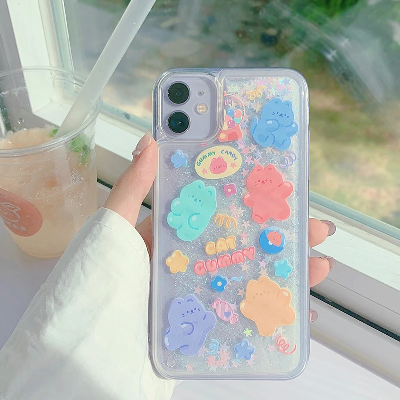 Glitter Dynamic Liquid Phone Case Fashion New Year Gift for IPhone 13 12 11 Pro 6 7 8 Plus X XR XS MAX Candy Cat Quicksand Cover