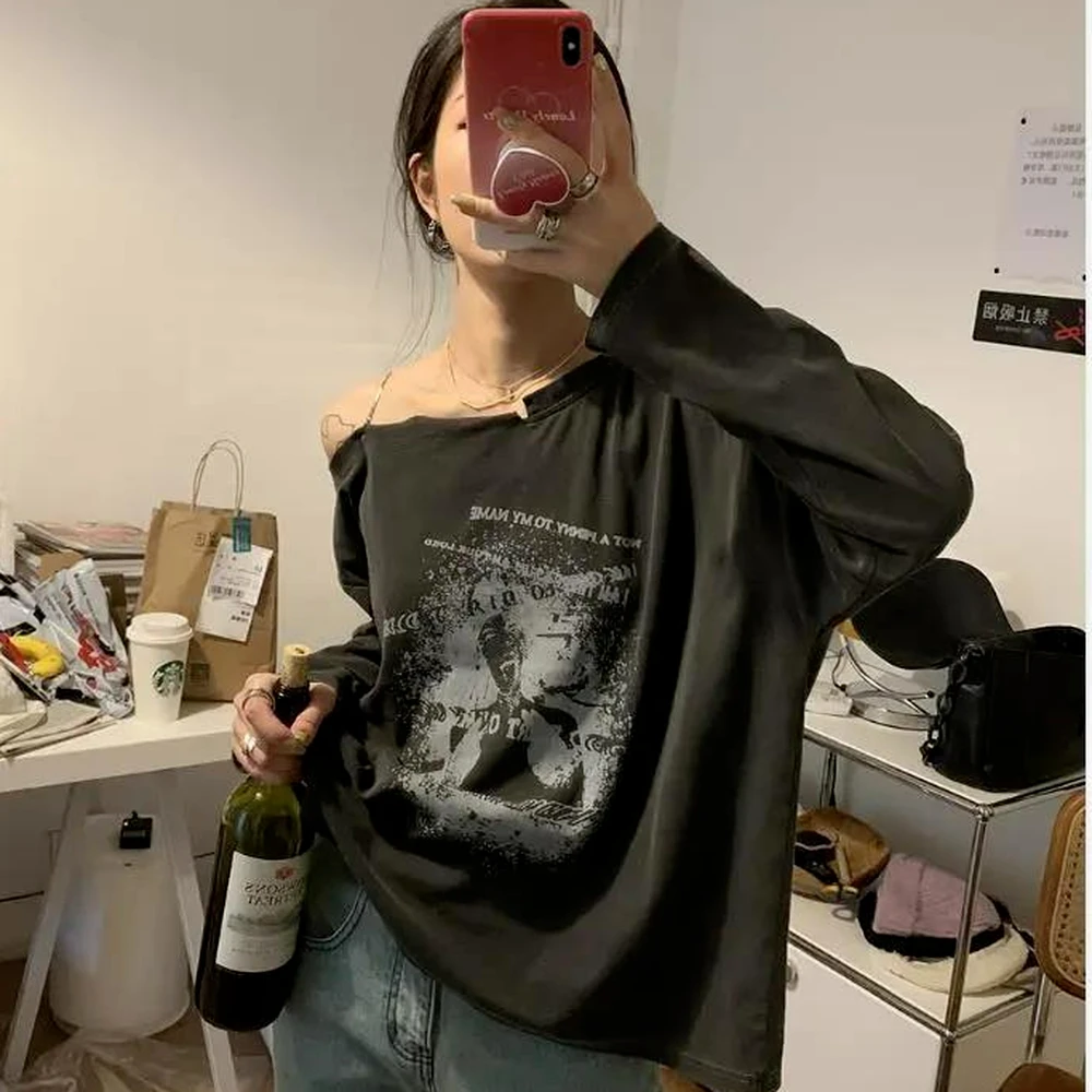 Women Vintage Print T-shirt Fairy Grunge 2021 New Autumn Long Sleeved Cool Girl Rock Strapless Tees Loose Harajuku Tops