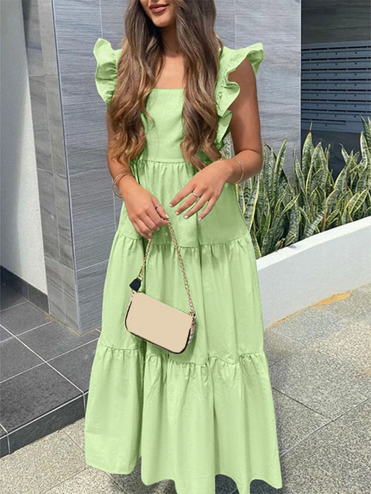 17 Colors Celmia Summer Maxi Sundress Women Sexy Sleeveless Ruffled Dress Bohemian Square Collar Casual Beach Party Vestido Robe