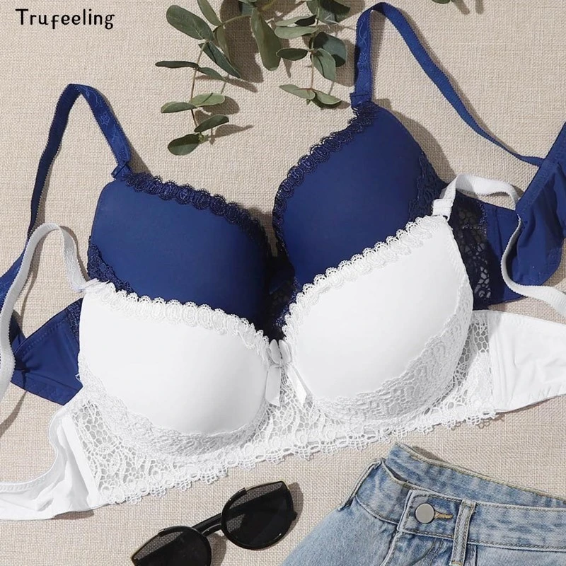 Truefeeling Ruffles Moulded Bras for Women Plus Size D Cup Non-padded Underwear Full Coverage Lingerie for Girl Embroidred Bra